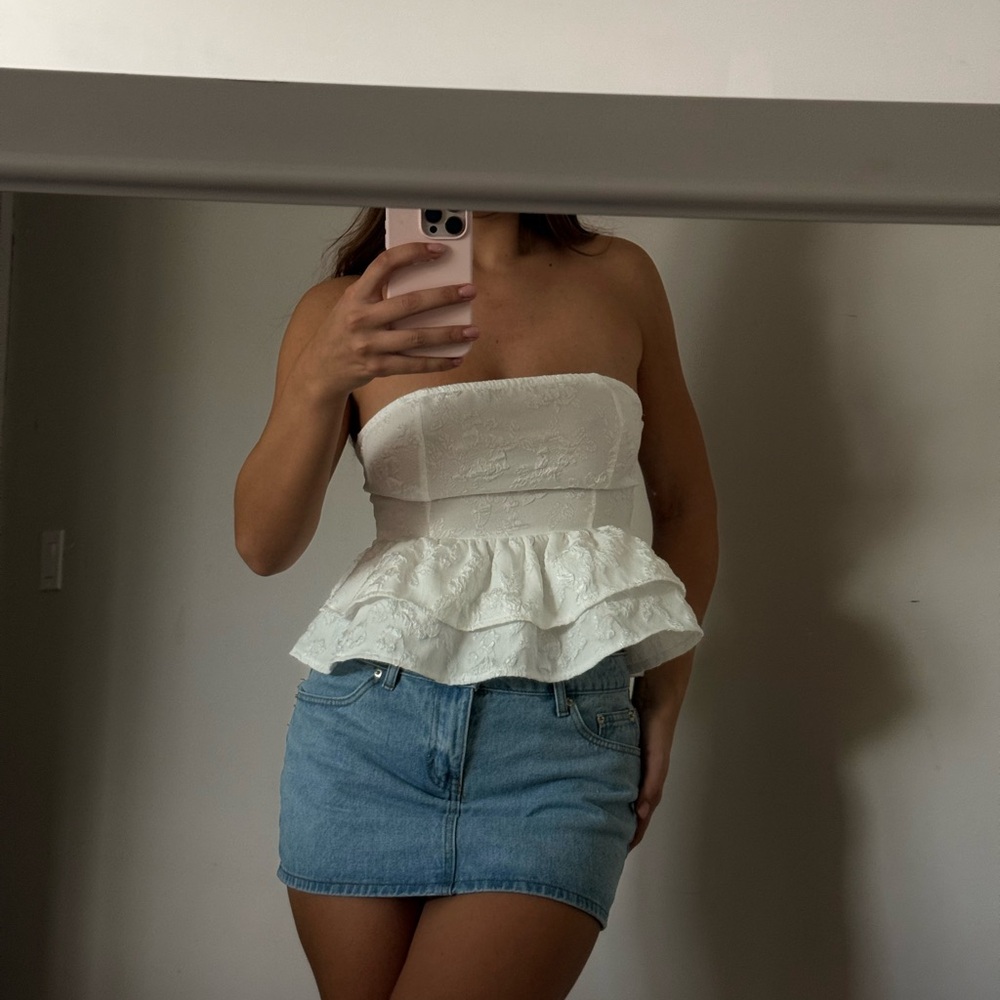 White Strapless Peplum Top